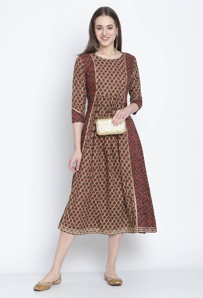 Brown & Beige Pure Cambric Cotton  Printed Kurti