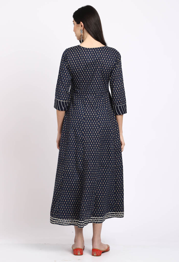 Navy Blue Pure Cambric Cotton Floral Embroidered Kurti