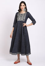 Load image into Gallery viewer, Navy Blue Pure Cambric Cotton Floral Embroidered Kurti