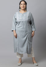 Load image into Gallery viewer, Rayon Slub Embroidered Plus Size Kurti
