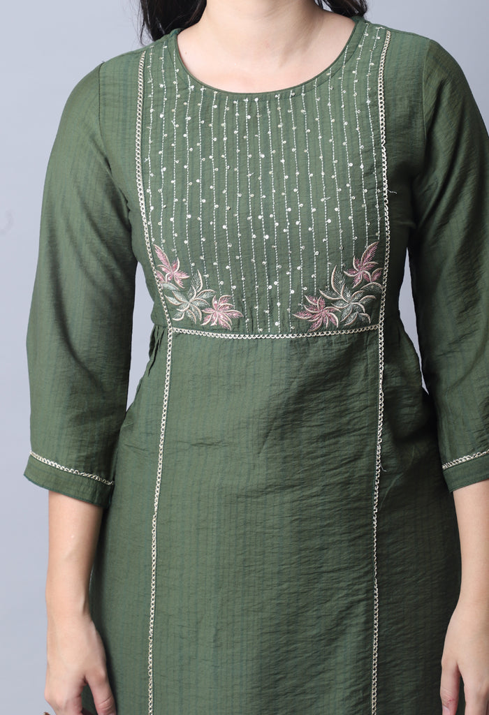 Green Pure Cambric Cotton Embroidered Kurti
