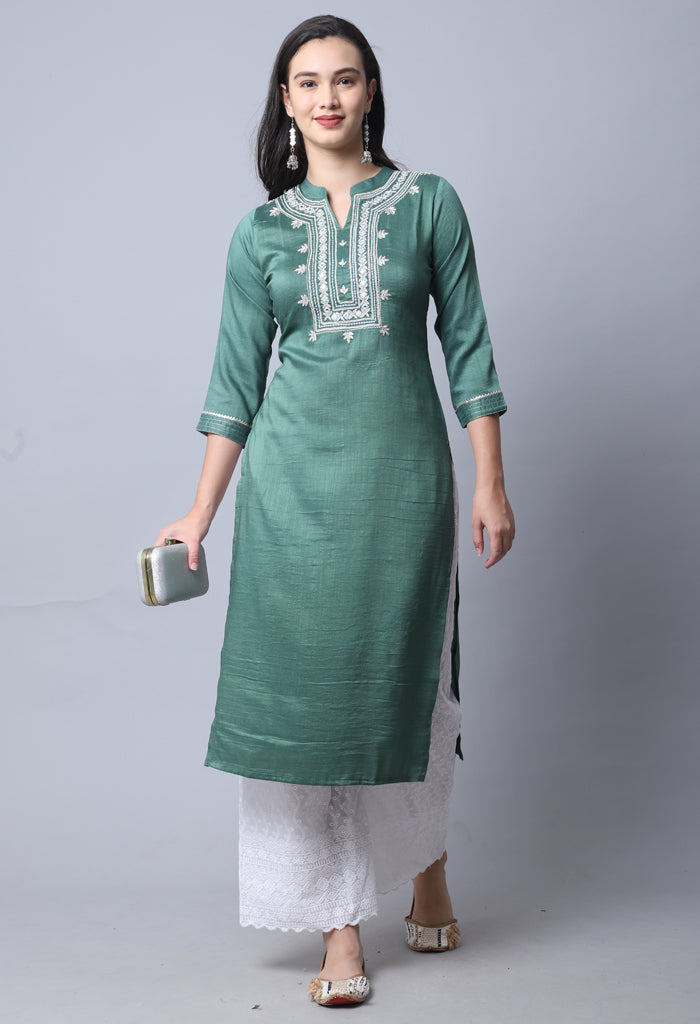 Bottle Green Chinon Viscous Embroidered Kurti