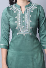 Load image into Gallery viewer, Bottle Green Chinon Viscous Embroidered Kurti