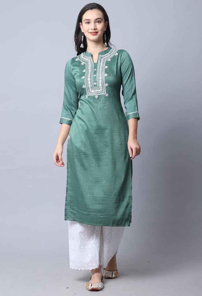 Bottle Green Chinon Viscous Embroidered Kurti