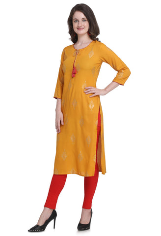 Yellow Rayon Jaipuri Printed Kurti