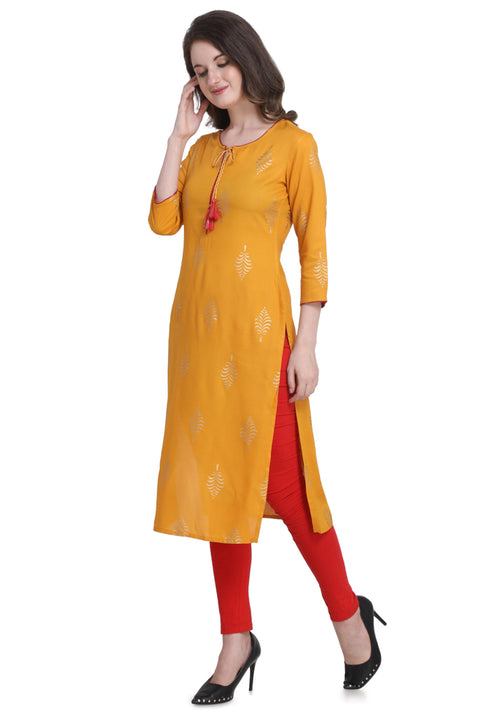 Yellow Rayon Jaipuri Printed Kurti