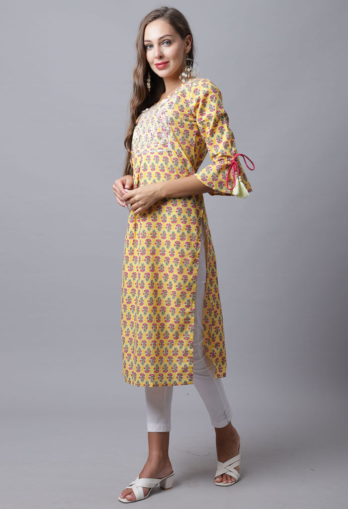 Pure Cambric Cotton Jaipuri Printed & Embroidered Kurti