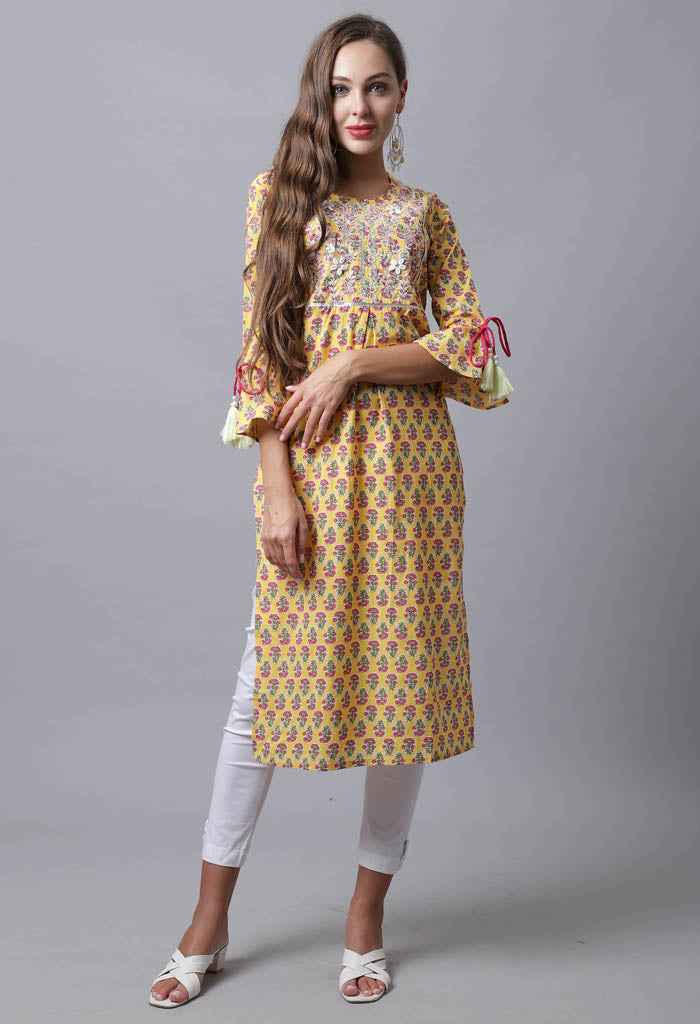 Pure Cambric Cotton Jaipuri Printed & Embroidered Kurti