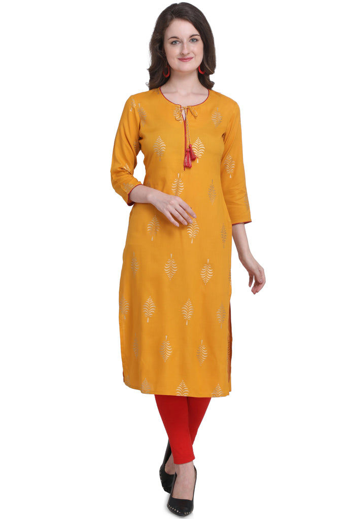 Yellow Rayon Jaipuri Printed Kurti