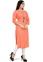 Load image into Gallery viewer, Orange Rayon Slub Jaipuri Printed Kurti

