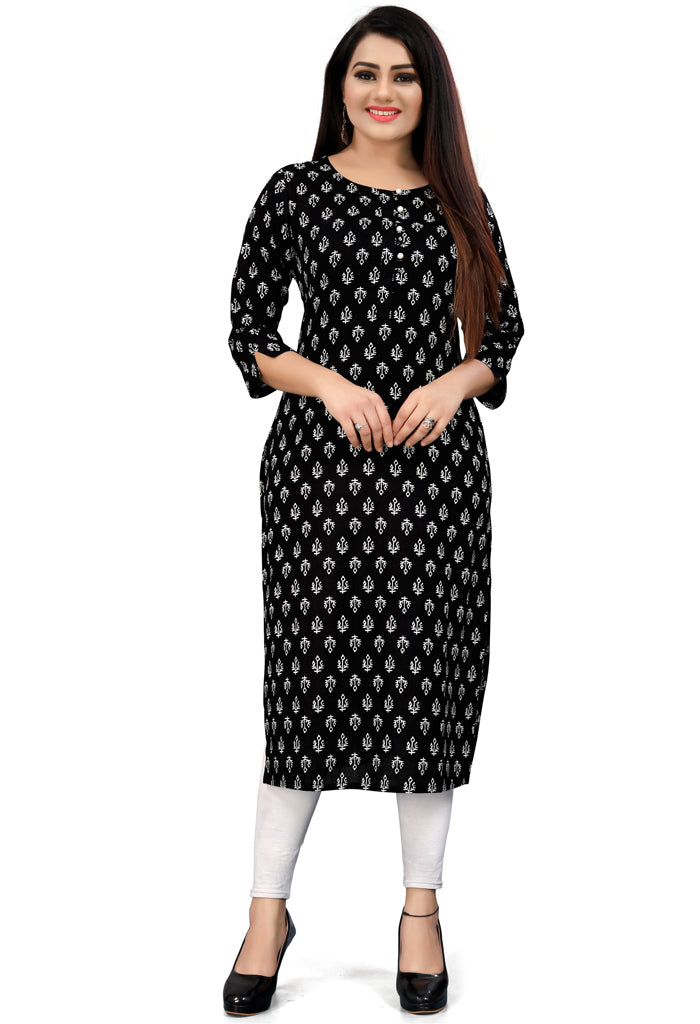 Black And White Pure Cotton Jaipuri Printed Kurti