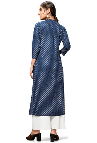 Blue Cotton Jaipuri Printed Kurti