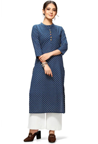 Blue Cotton Jaipuri Printed Kurti