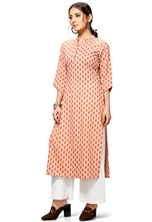 Beige Cotton Jaipuri Printed Kurti - Rajnandini