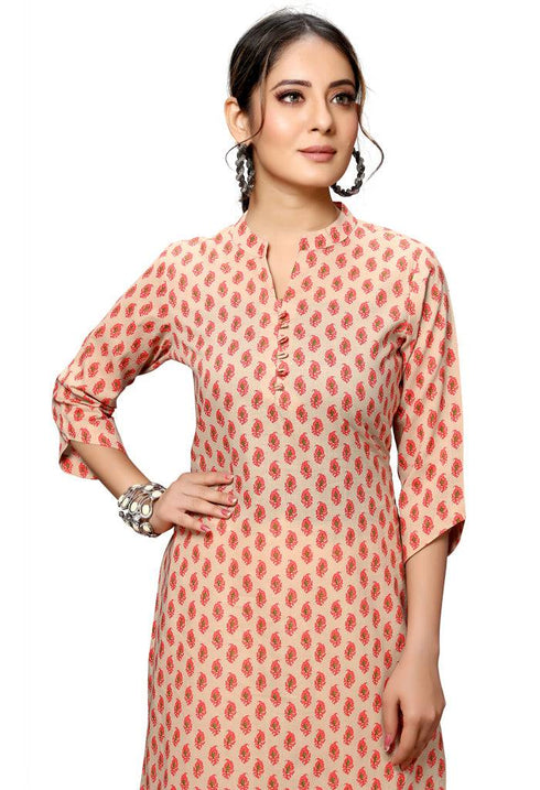 Beige Cotton Jaipuri Printed Kurti - Rajnandini