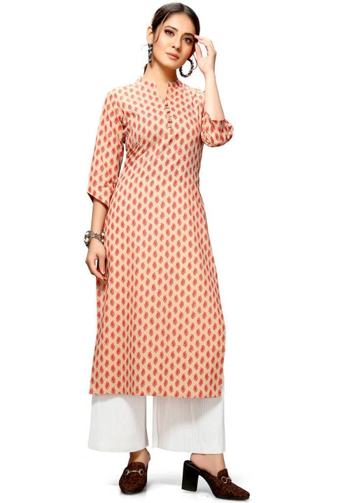 Beige Cotton Jaipuri Printed Kurti - Rajnandini