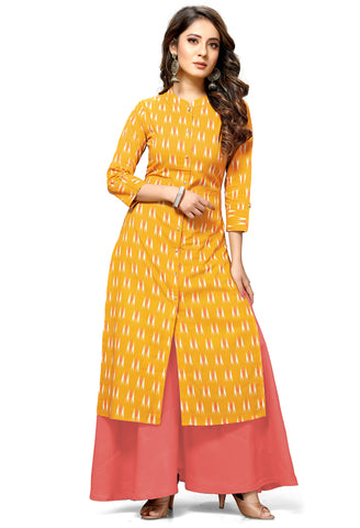 Yellow Cotton Jaipuri Printed Kurti