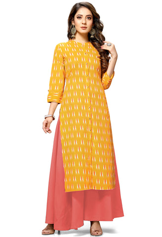 Yellow Cotton Jaipuri Printed Kurti