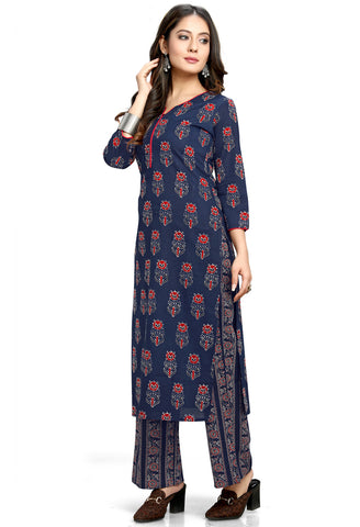 Navy Blue Cotton Jaipuri Printed Kurta With Palazzo