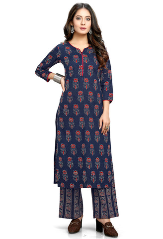 Navy Blue Cotton Jaipuri Printed Kurta With Palazzo