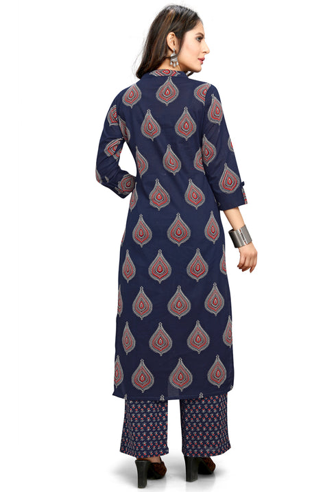 Navy Blue Cotton Jaipuri Printed Kurta With Palazzo