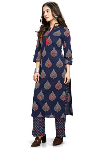 Navy Blue Cotton Jaipuri Printed Kurta With Palazzo