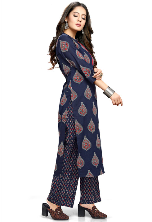 Navy Blue Cotton Jaipuri Printed Kurta With Palazzo