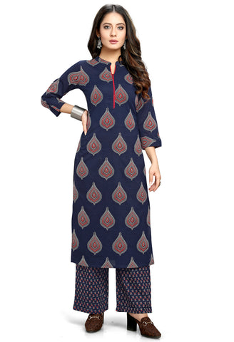 Navy Blue Cotton Jaipuri Printed Kurta With Palazzo