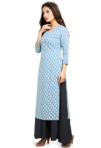 Light Blue Cotton Jaipuri Printed Kurti