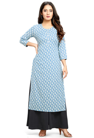 Light Blue Cotton Jaipuri Printed Kurti