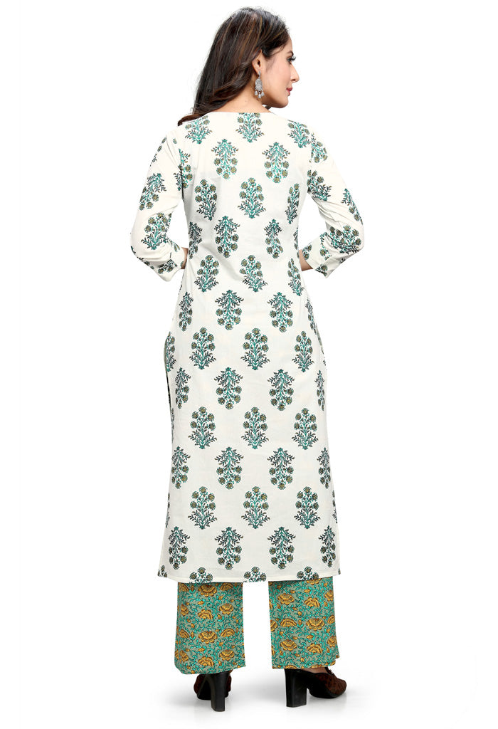 White Pure Cotton Jaipuri Printed Kurta With Palazzo