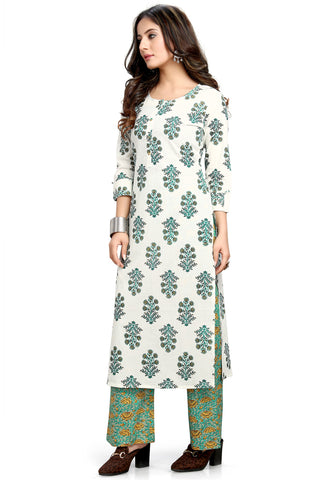 White Pure Cotton Jaipuri Printed Kurta With Palazzo