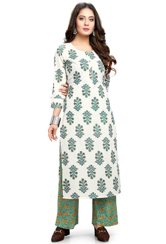 White Pure Cotton Jaipuri Printed Kurta With Palazzo