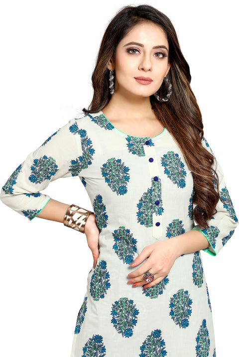 White And Blue Pure Cambric Cotton Jaipuri Printed Kurta With Palazzo