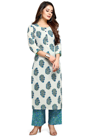 White And Blue Pure Cambric Cotton Jaipuri Printed Kurta With Palazzo