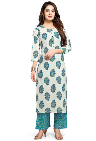 White And Blue Pure Cambric Cotton Jaipuri Printed Kurta With Palazzo