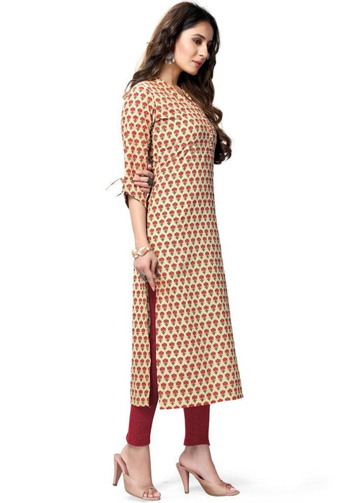 Beige Pure Cambric Cotton Jaipuri Printed Kurti