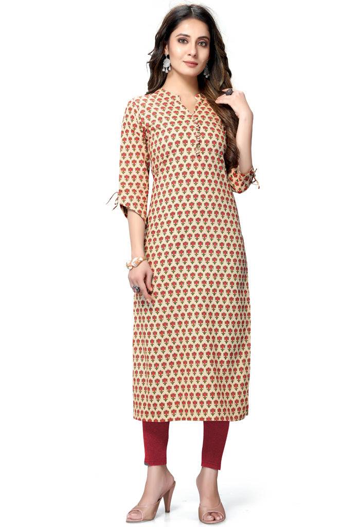 Beige Pure Cambric Cotton Jaipuri Printed Kurti