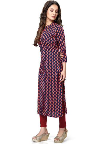 Navy Blue And Beige Pure Cambric Cotton Jaipuri Printed Kurti