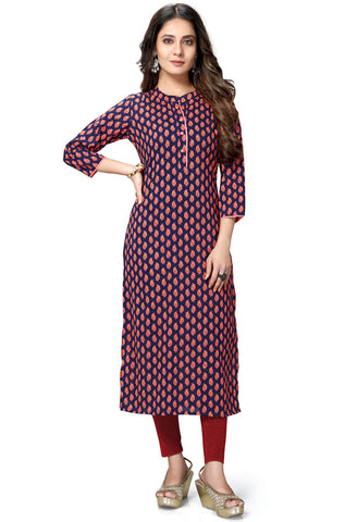 Navy Blue And Beige Pure Cambric Cotton Jaipuri Printed Kurti