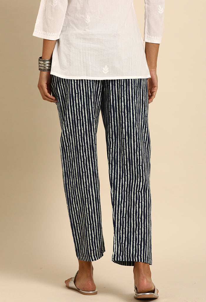 Navy Blue & White Pure Cotton Regular Fit Trouser Pant