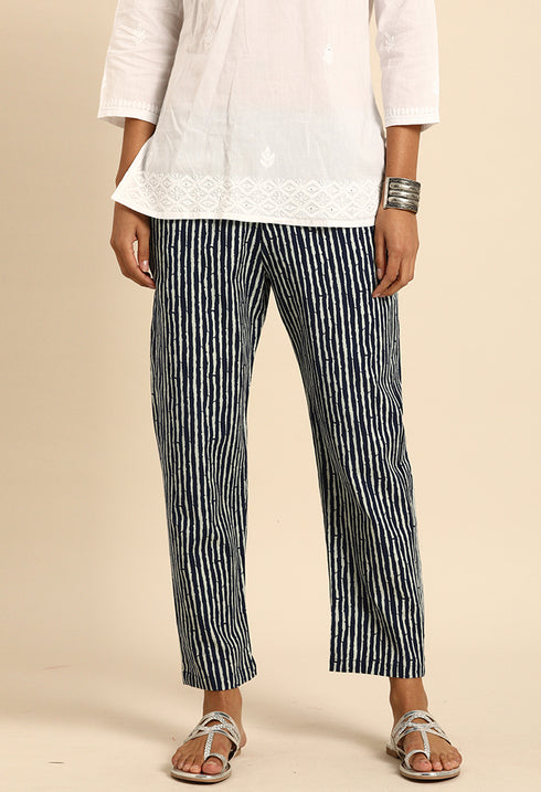 Navy Blue & White Pure Cotton Regular Fit Trouser Pant