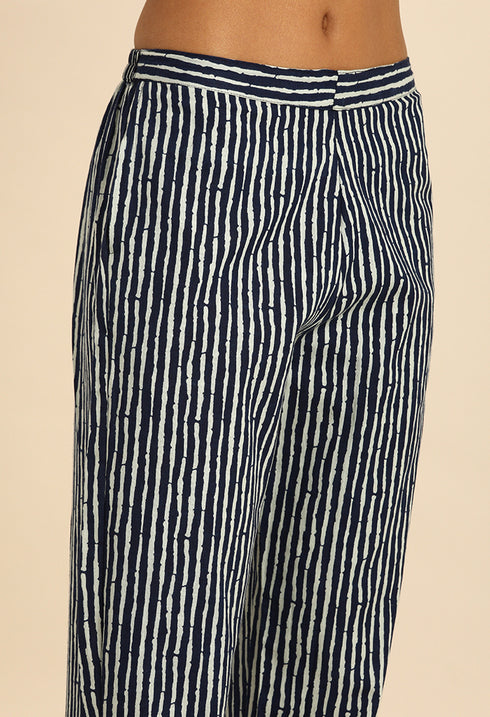 Navy Blue & White Pure Cotton Regular Fit Trouser Pant