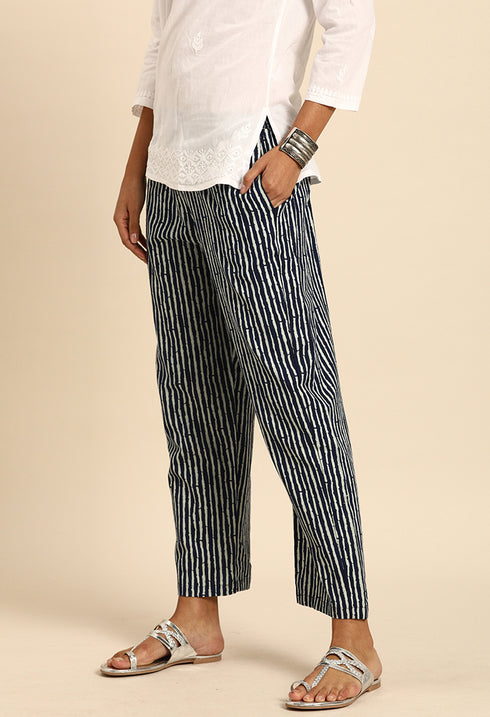 Navy Blue & White Pure Cotton Regular Fit Trouser Pant