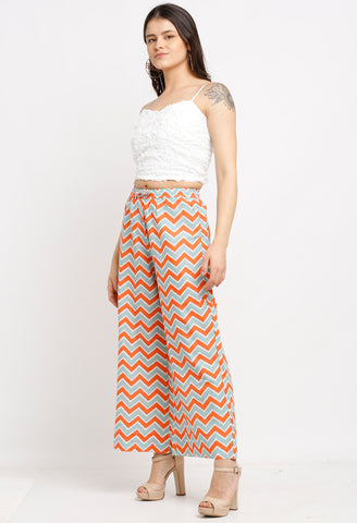 Orange & Green Pure Cotton Zigzag Striped Printed Pallazo Pant