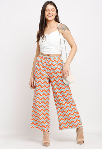 Orange & Green Pure Cotton Zigzag Striped Printed Pallazo Pant