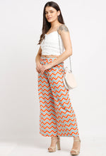 Load image into Gallery viewer, Orange &amp; Green Pure Cotton Zigzag Striped Printed Pallazo Pant