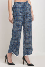 Load image into Gallery viewer, Blue Pure Cotton Geometric Indigo Opaque Pallazo Pant