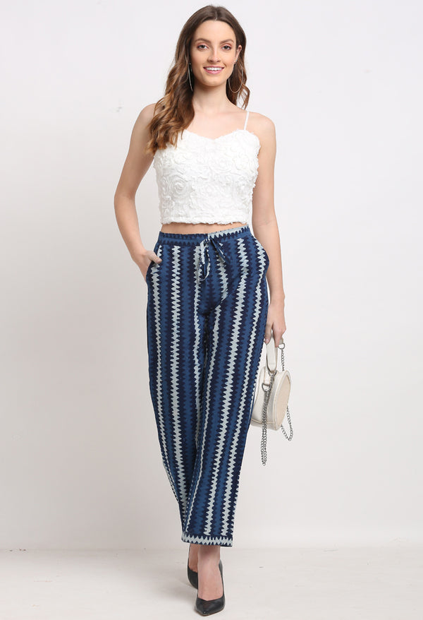 Blue Pure Cotton Striped Indigo Opaque Pallazo Pant