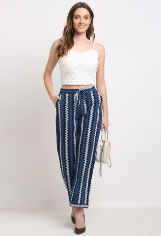 Blue Pure Cotton Striped Indigo Opaque Pallazo Pant